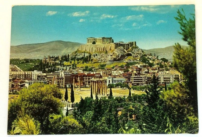 Athens Greece Postcard View of Olympieion and Acropolis Old Vintage Postcard A2