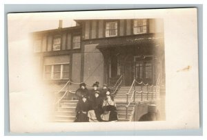 Vintage 1910's RPPC Postcard - Group Photo Women in Black Lake Front Building