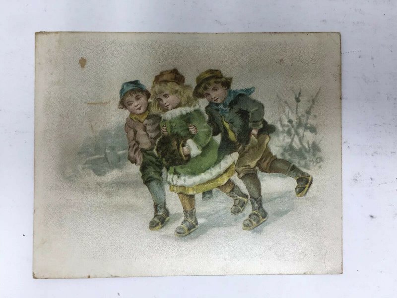 Victorian Trade Card Boys Girl Ice Skating Muff Lion Coffee Woolson Spice