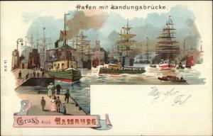 Gruss Aus Hamburg Germany Harbor Boats Tugs Ships c1900 Postcard