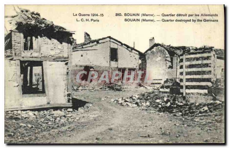 Old Postcard Army Souain Quarter detuit by Germans