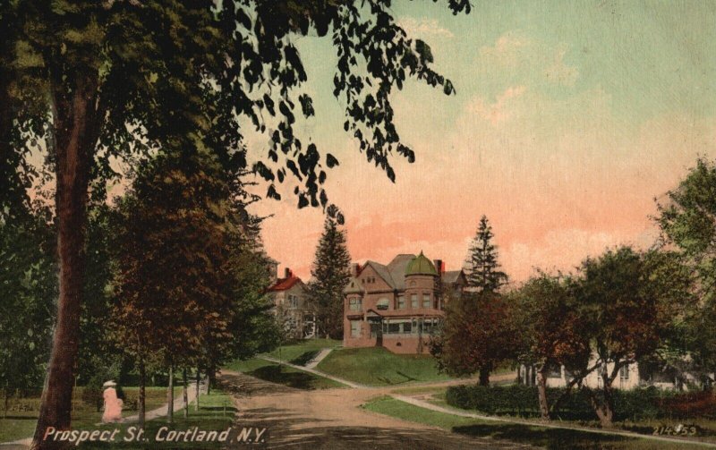 Vintage Postcard 1910's Prospect St. Scene of Home on Hill Cortland NY New York