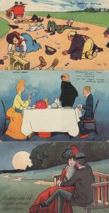 Tom Browne Honeymoon The Merry Motor Car 3x Old Comic Postcard s