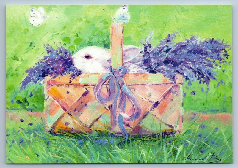 CUTE WHITE BUNNY RABBIT in Basket with Lavender Flower Russian New Postcard