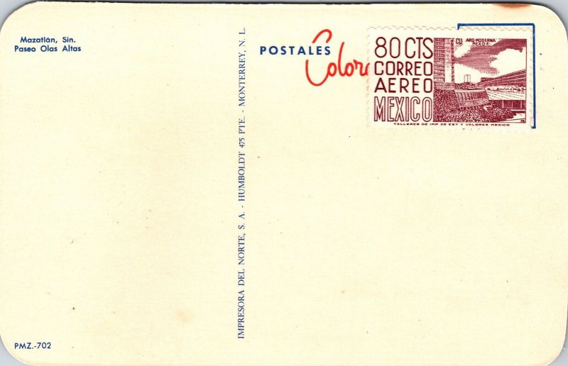 Mazatian Sin Paseo Olas Altas Mexico Postcard VTG 80c Stamp Unused  