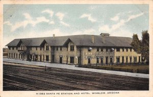 Winslow Arizona Santa Fe Station & Hotel, White Border Vintage PC U11126
