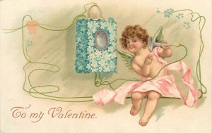 Art Nouveau Style Valentine Postcard Cherub Cupid on Flower Telephone