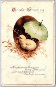 1914 Easter Greetings Chicks Umbrella Eggs Nest Posted Postcard