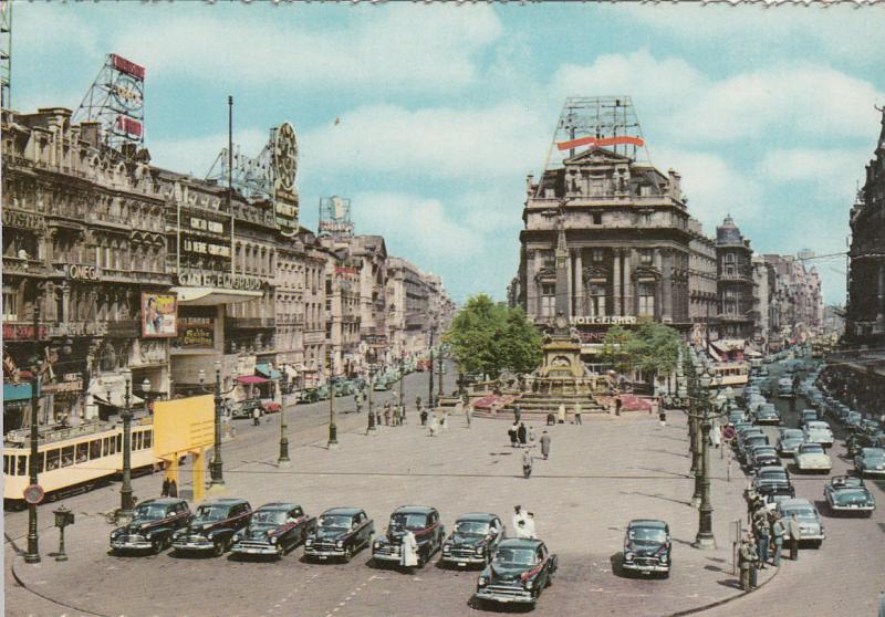 BELGIUM BRUSSELS - DE BROUCKERE SQUARE CLASSIC CARS, TRAMS, STORES