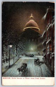 Boston MA~State House Night Lights in Winter~Park Street~Horse Sleigh~Artist '07