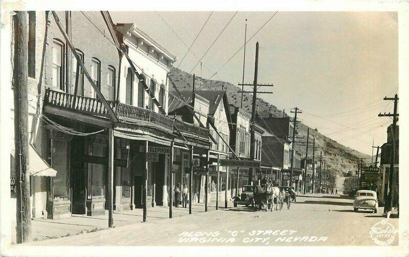 Along O Street Virginia City Nevada Autos 1940s RPPC Photo Postcard Frasher 3049 