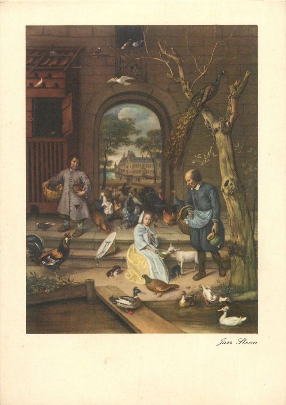 Postcard artist signed painting Jan Steen the poultry yard