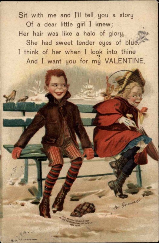 Tuck Valentine A/S Greiner Boy Leers at Girl on Bench c1910 Vintage Postcard