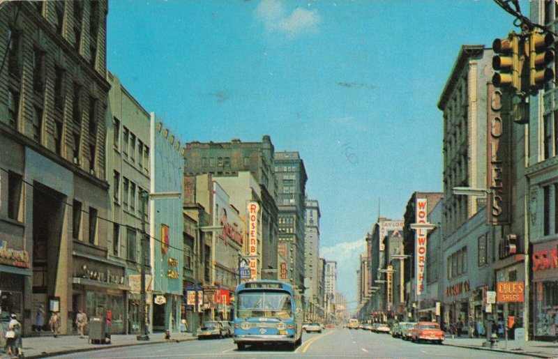 1950's Main Street Woolworths Store Buses Cars Cleveland Ohio Postcard 2T4-594
