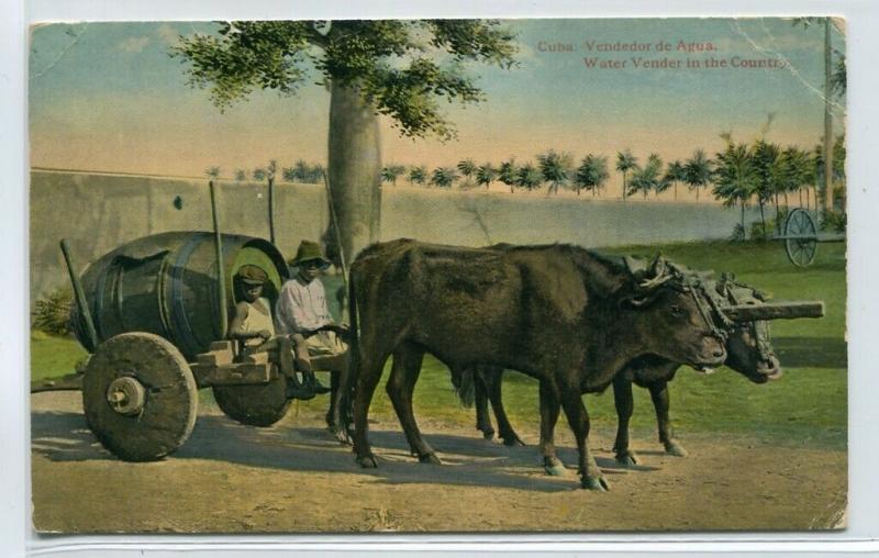 Water Seller Ox Wagon Cuba 1910c postcard