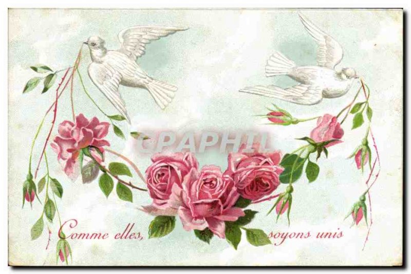 Old Postcard Fantasy Flowers Doves
