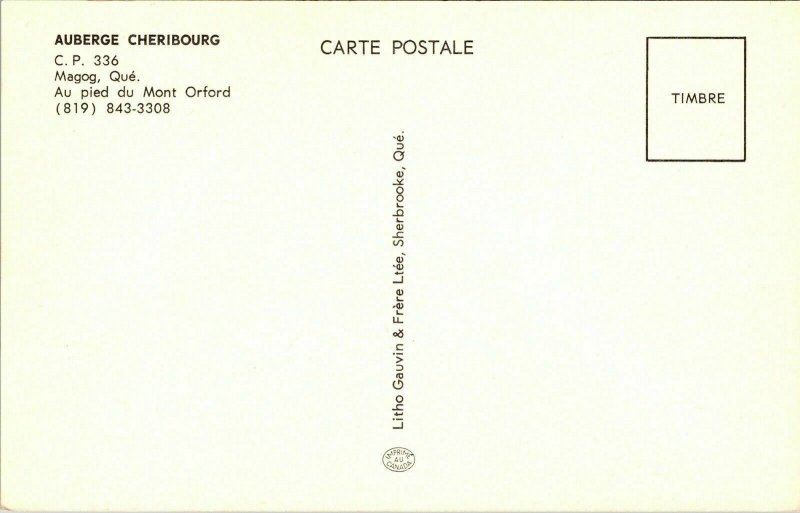 Auberge Cheribourg Magog Quebec Canada VTG Postcard UNP Unused Litho Vintage 