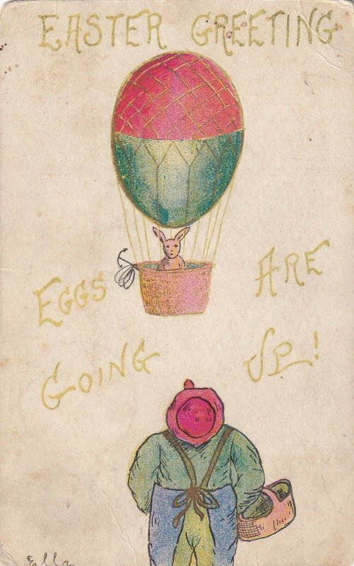 EASTER, PU-1907; Greeting, Man watching a rabbit in an air balloon