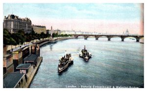 London Victoria Embankment & Waterloo Bridge Boat Postcard