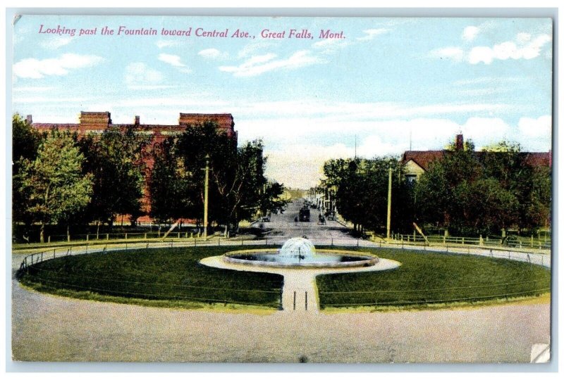 1910 Looking Past Fountain Toward Central Avenue Great Falls Montana MT Postcard