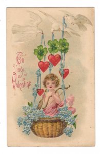 Valentine Cupid in Basket Doves Hearts Vintage Embossed B W Germany Postcard