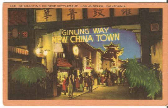 Postcard, Ginling Way New China Town Los Angeles California Street Night Sc