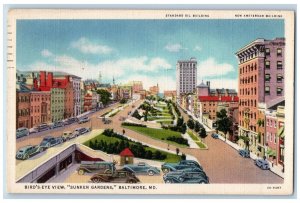 Baltimore Maryland MD Postcard Birds Eye View Sunken Gardens Buildings Cars 1935