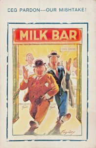 BEG PARDON..OUR MISTAKE-DRUNKS LEAVE MILK BAR~BAMFORTH TAYLOR COMIC POSTCARD