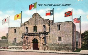 Vintage Postcard 1930's Under Six Flags Showing Alamo San Antonio Texas TX 