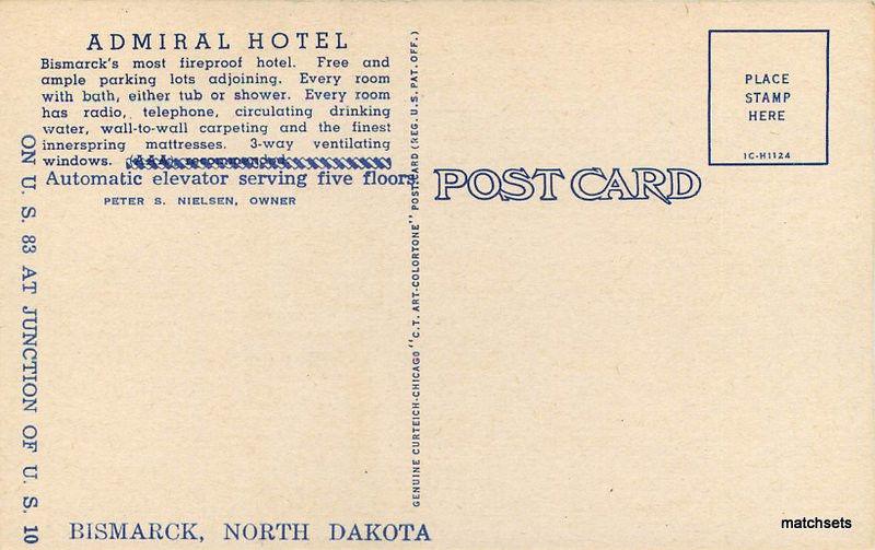 Admiral Hotel BISMARCK NORTH DAKOTA Linen Teich postcard 12499