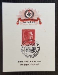 GERMANY THIRD 3RD REICH ORIGINAL 1938 HITLER STAMP 20th APRIL SOUVENIER SHEET