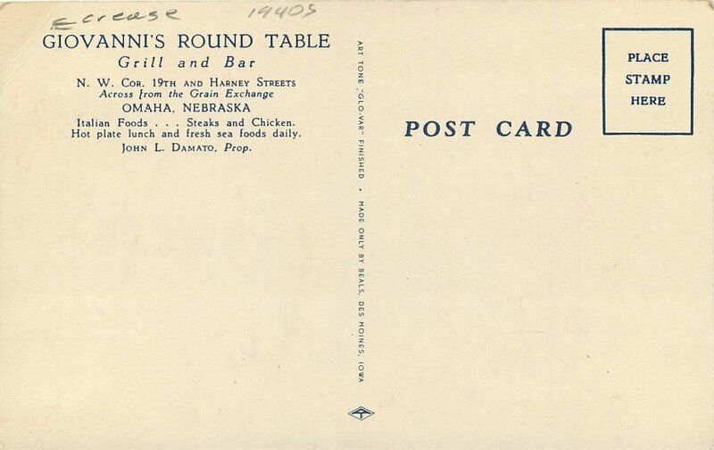 Beals Giovanni's Round Table Grill Bar Omaha Nebraska Postcard Interior 8408 