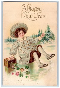 c1910's New Year Woman Slipped Ice Skating Horseshoe Mushroom Shamrocks Postcard 