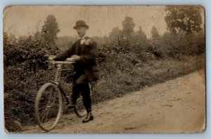 c1910's Man With Bicycle Dirt Road Scene Field RPPC Photo Antique Postcard