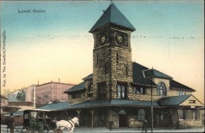 Lowell MA Horse Wagon at RR Train Station Depot c1910 Postcard