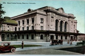 New Union Station Denver Train Depot w Old Cars Vintage Colorado Postcard