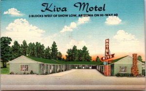 Linen Postcard Kiva Motel on US 60 in Show Low, Arizona