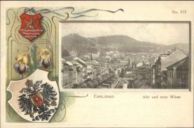 Carlsbad Austria General View Fancy Heraldic Border c1910 Postcard