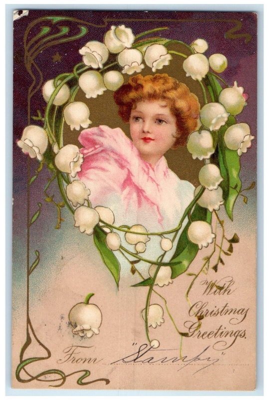 Christmas Greetings Pretty Girl Flowers Art Nouveau South Branch WV Postcard