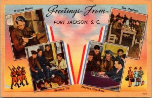 Vtg Greetings from Fort Jackson South Carolina SC Army 1940s Linen Postcard