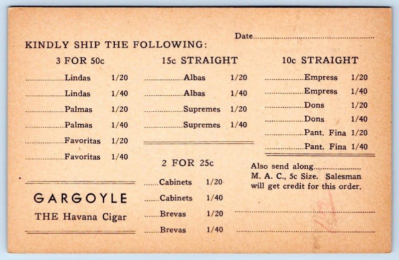 GARGOYLE CIGAR CO MILWAUKEE WISCONSIN HAVANA CIGARS ORDER FORM POSTCARD