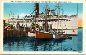 Vtg Martha's Vineyard Steamboat & Fishing Smacks at Pier Woods Hole MA Postcard