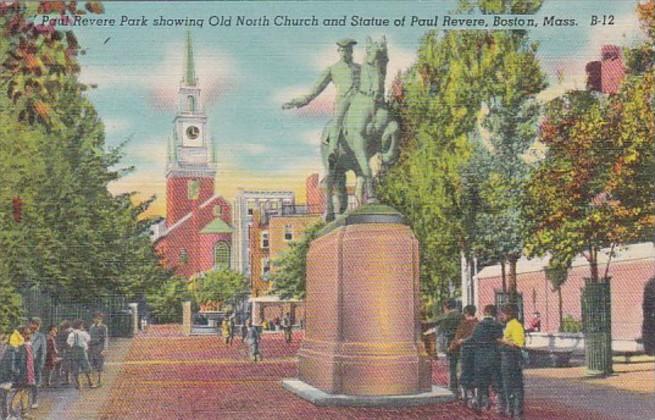 Massachusetts Boston Paul Revere Park Showing Old North Church and Paul Rever...