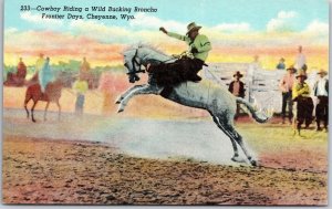 Cowboy Riding A Wild Bucking Broncho Frontier Days Cheyenne Wyoming WY Postcard