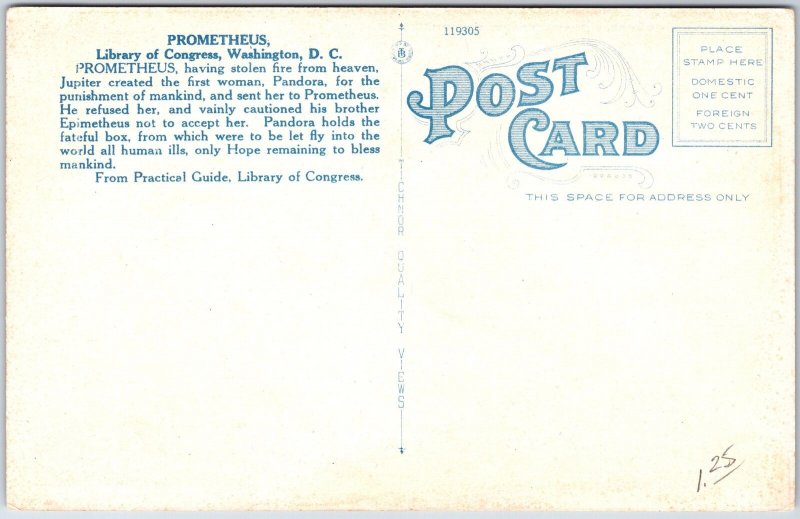 VINTAGE POSTCARD PROMETHEUS ART AT LIBRARY OF CONGRESS WASHINGTON D.C. 1920s 