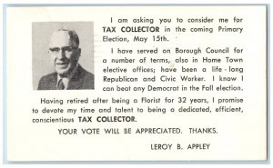 1973 Tax Collector Leroy Appley Primary Election Political Advertising Postcard 