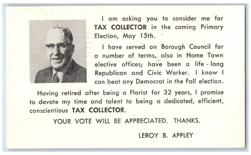 1973 Tax Collector Leroy Appley Primary Election Political Advertising Postcard 