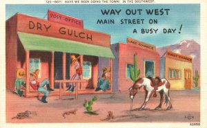 Vintage Postcard 1930's Cowboys Way Out West Main Street A Busy Day Comic