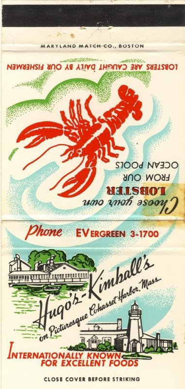 Cohasset Harbor, Massachusetts/MA Match Cover, Hugo Kimball's,Cape Cod