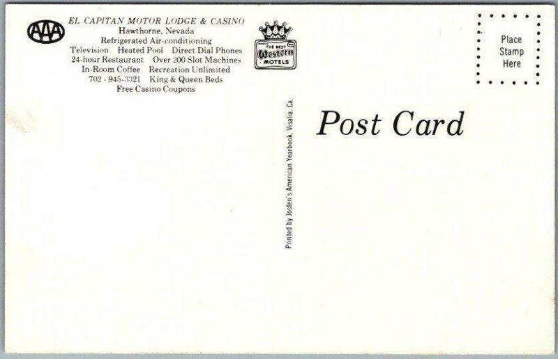 Details about   El Capitan Lodge Hotel Casino Hawthorne Nevada Postcard Roadside c 1970s Unused 